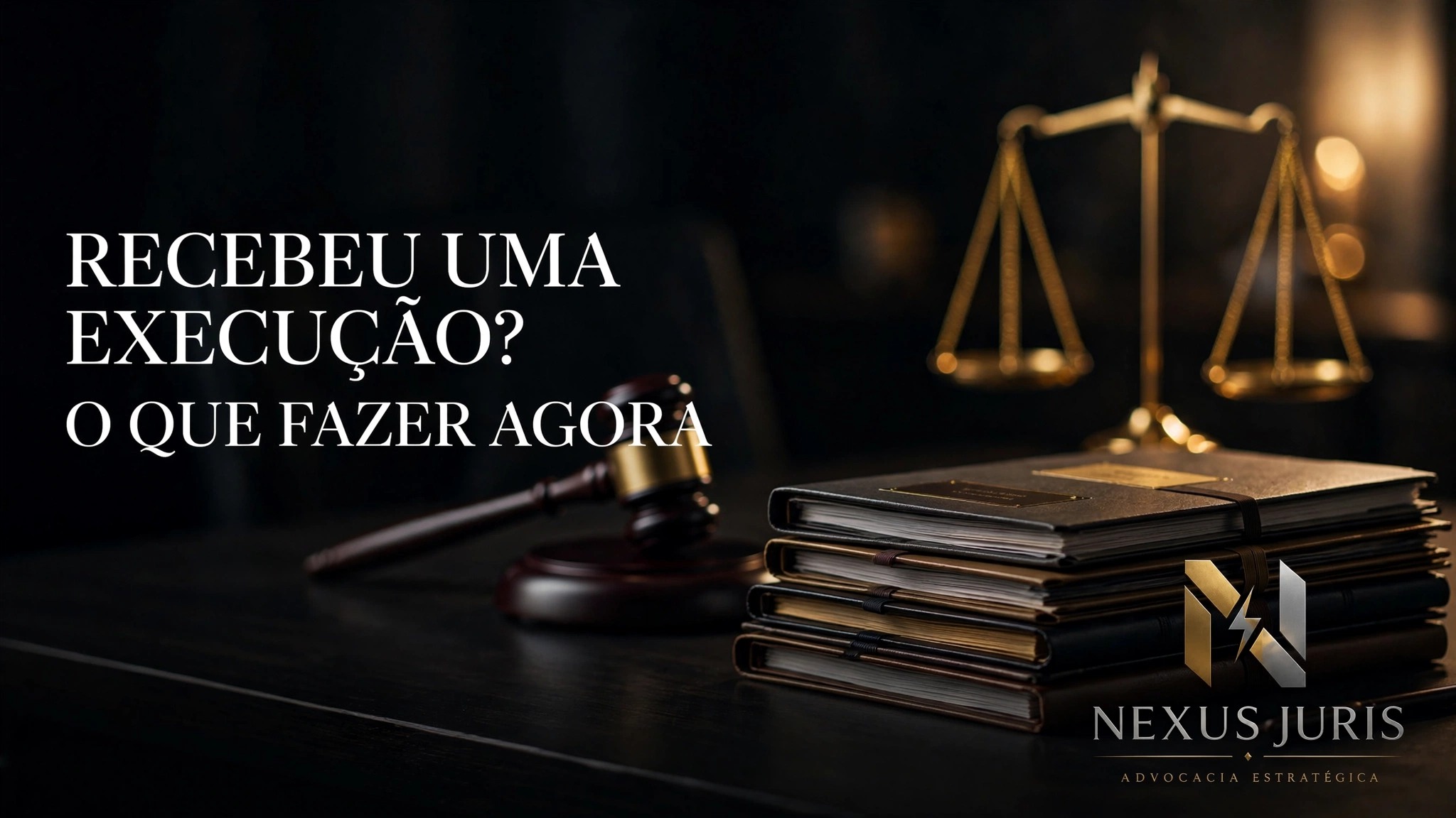 Mesa de escritório jurídico com pastas de processo, martelo de juiz e balança dourada — capa do artigo sobre execução bancária