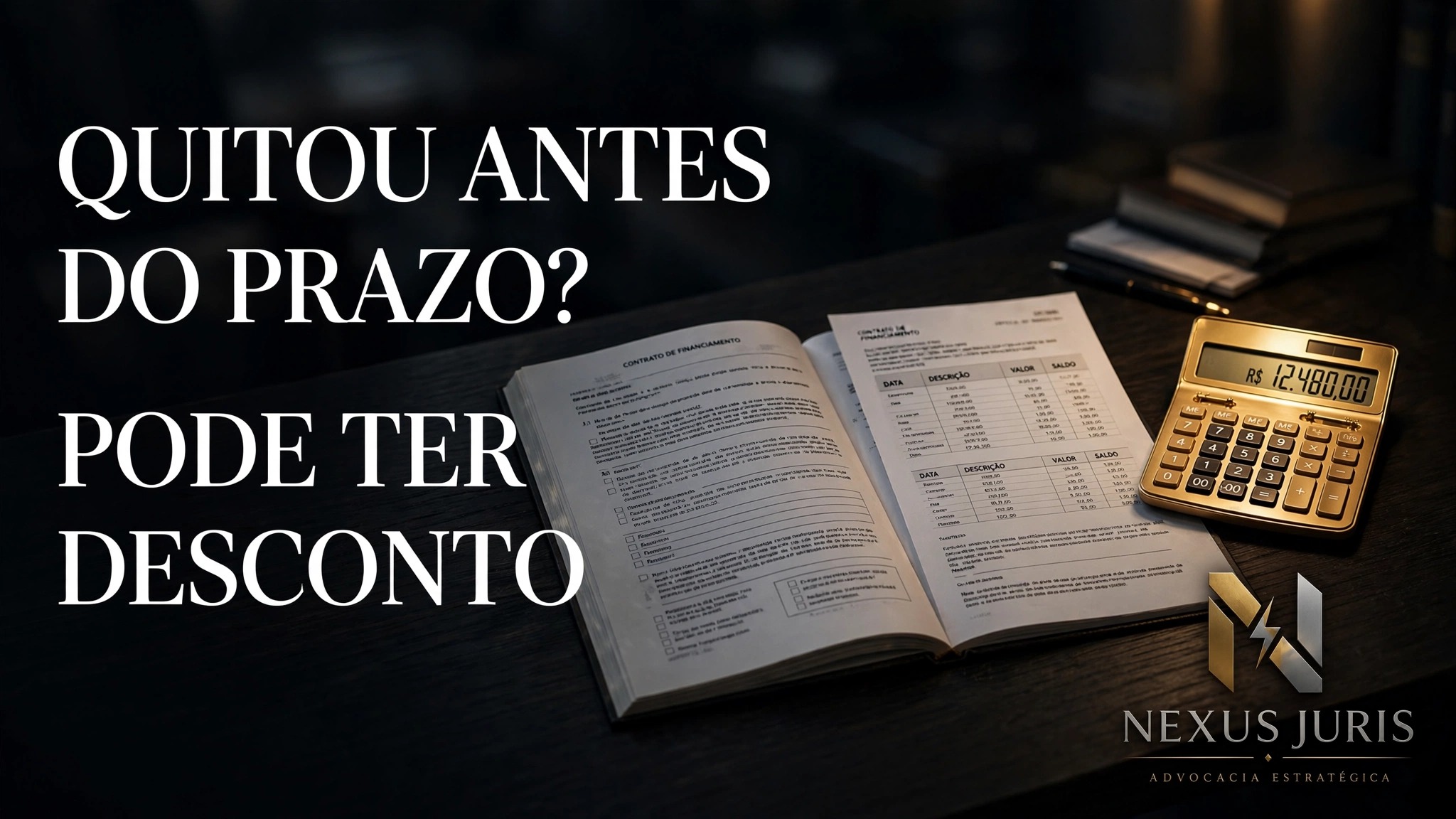 Contrato de financiamento, extrato bancário e calculadora dourada sobre mesa escura — capa do artigo sobre quitação antecipada