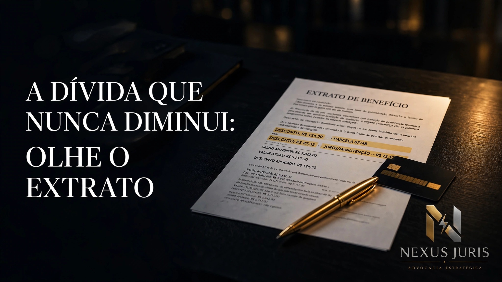 Extrato de benefício com linhas de desconto destacadas, cartão magnético e caneta dourada sobre mesa escura — capa do artigo sobre RMC