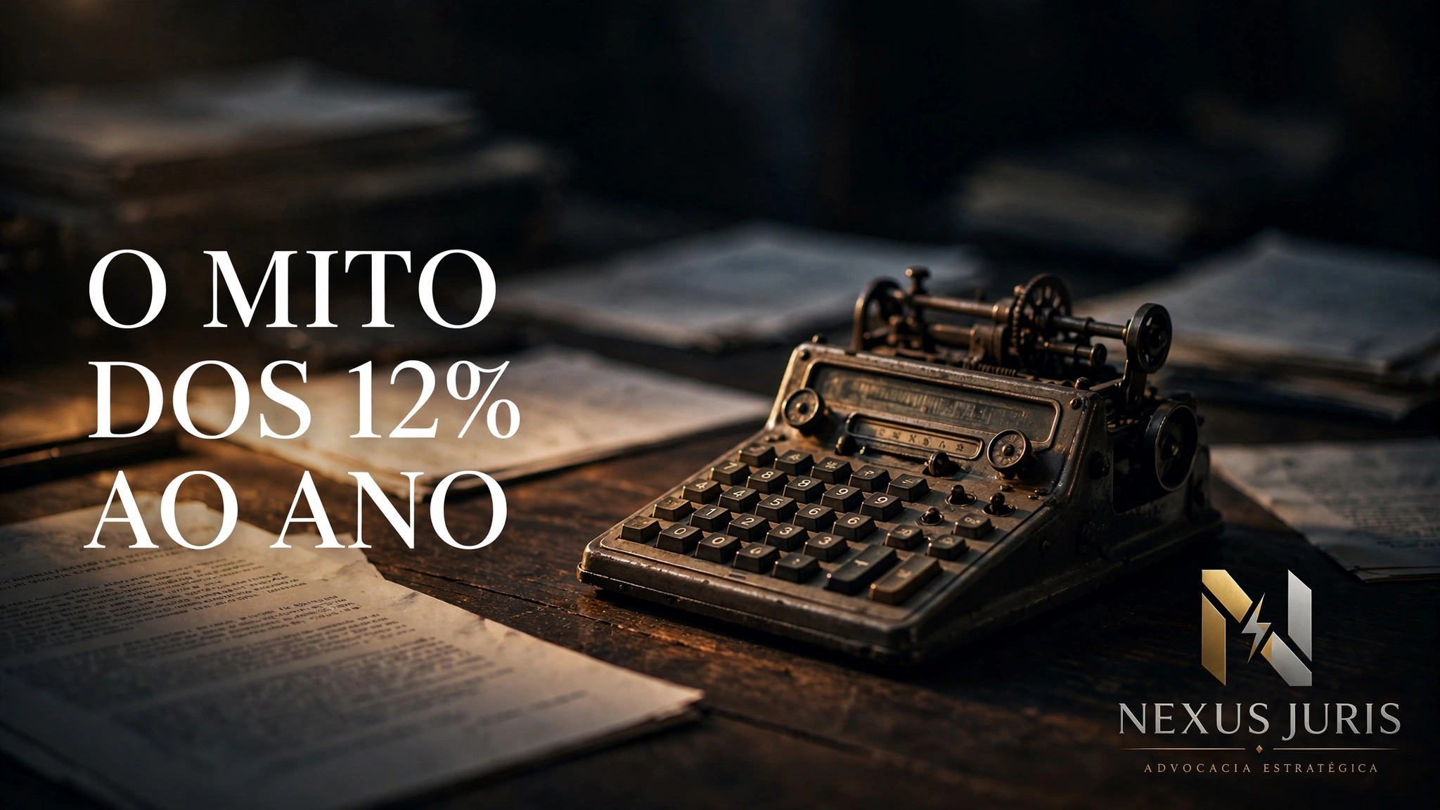 Calculadora de mesa antiga sobre madeira escura com documentos ao fundo — capa do artigo sobre o mito dos 12% ao ano